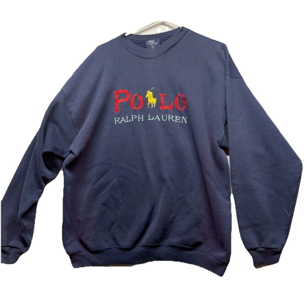 Polo Ralph Lauren Navy Blue Embroidered Spellout Crewneck Sweatshirt Vintage XL